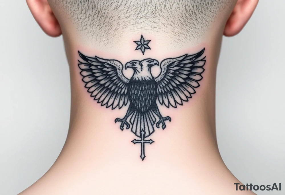 Double-headed eagle outline only (no shading) — suits neck skin which ages differently
Star above, small orthodox cross below tattoo idea