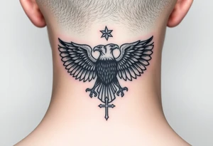 Double-headed eagle outline only (no shading) — suits neck skin which ages differently
Star above, small orthodox cross below tattoo idea