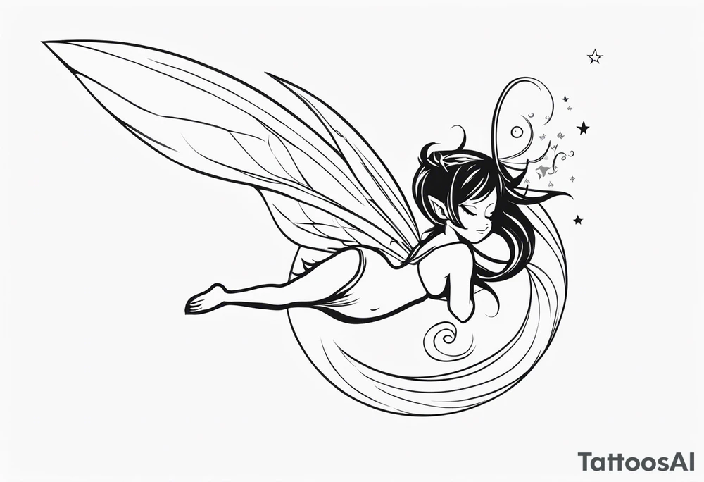 No color fairy with a tail inspired by the logo of the  show called Fairy Tail in a fetal position leaning in and forward while in the air floating and sleeping tattoo idea