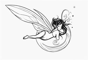 No color fairy with a tail inspired by the logo of the  show called Fairy Tail in a fetal position leaning in and forward while in the air floating and sleeping tattoo idea