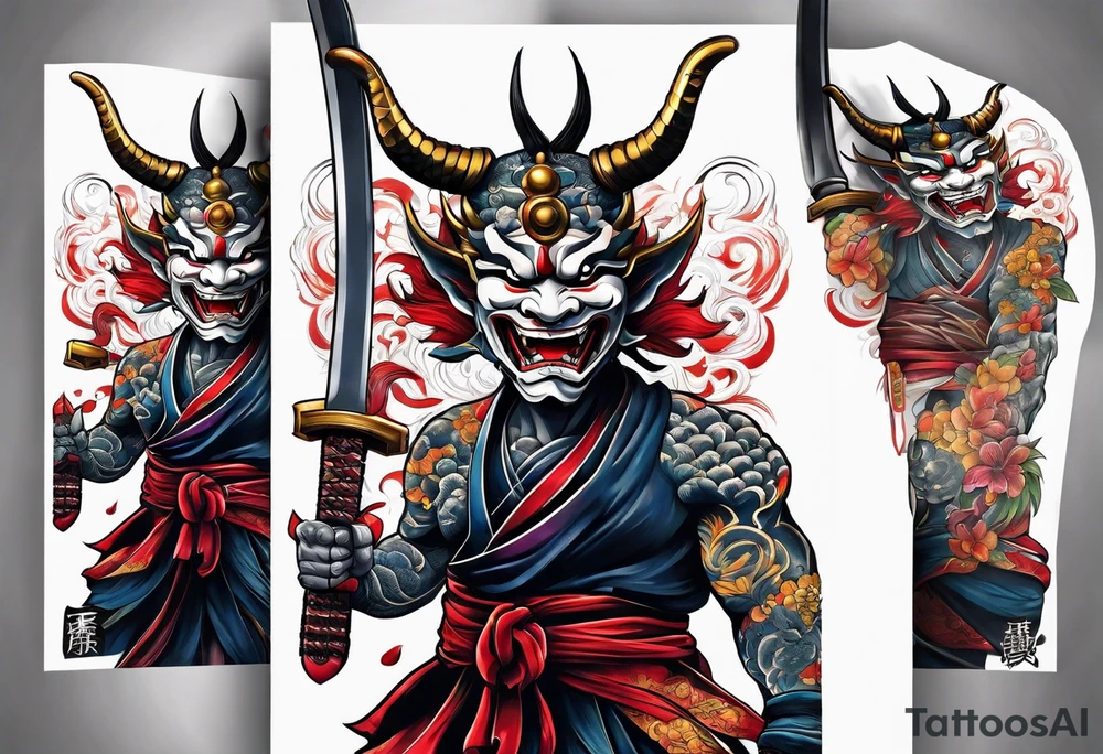 Full body Hannya  holding an ancient katana tattoo idea