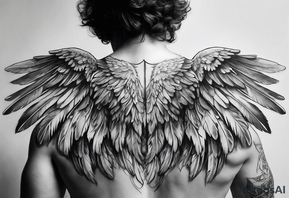 Realistic angel wings extending from a mens shoulders, covering the upper arms and upper back. The feathers are intricately detailed, with soft shading in black and gray to create depth and texture. The wings gently converge in the middle of the back, forming a harmonious and cohesive design. tattoo idea
