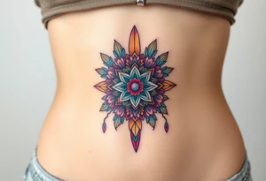 psychedelic  tattoo with crystals and  mandala style flowers and mushrooms bugs tattoo idea