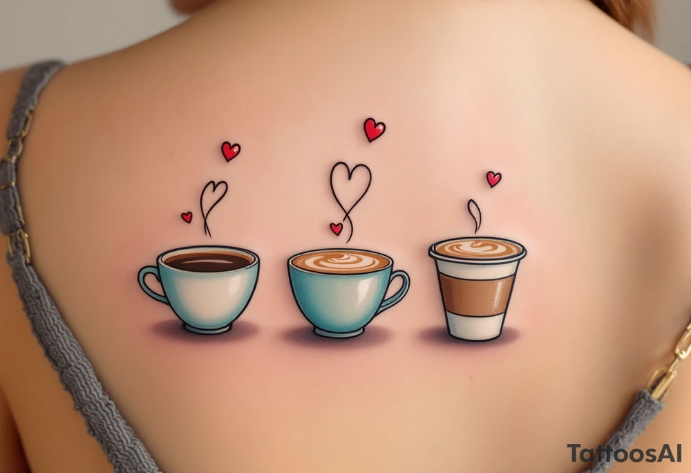 A trio of coffee cups—one espresso, one cappuccino, one latte, smiling at each other with tiny steam hearts floating above them. tattoo idea