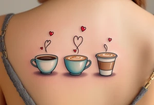 A trio of coffee cups—one espresso, one cappuccino, one latte, smiling at each other with tiny steam hearts floating above them. tattoo idea