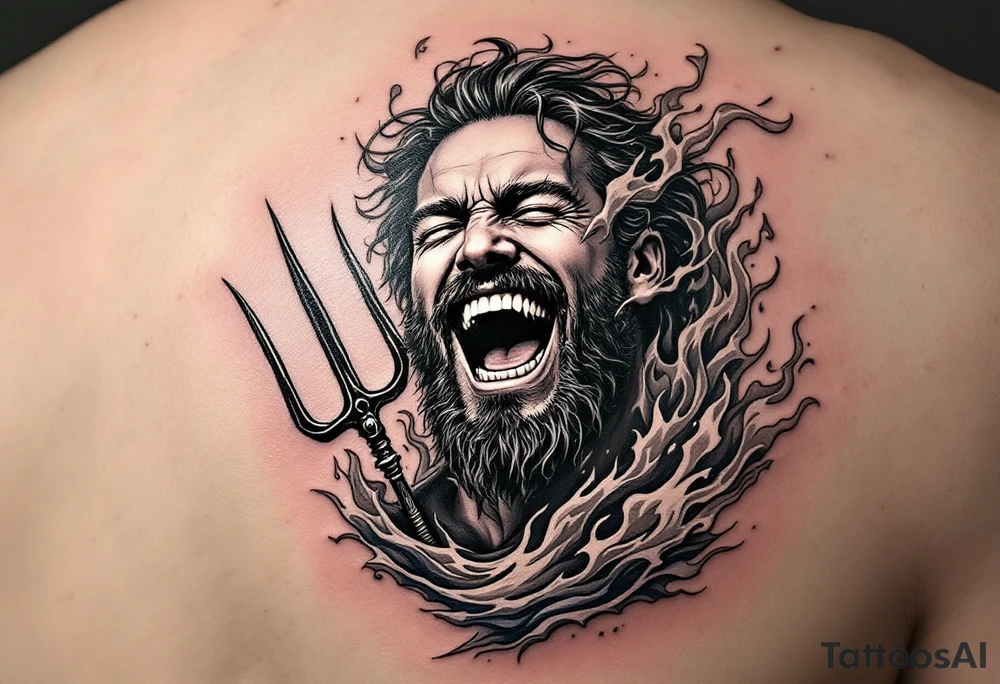 laughing man with a trident, surrounded by fire and water tattoo idea