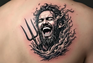 laughing man with a trident, surrounded by fire and water tattoo idea
