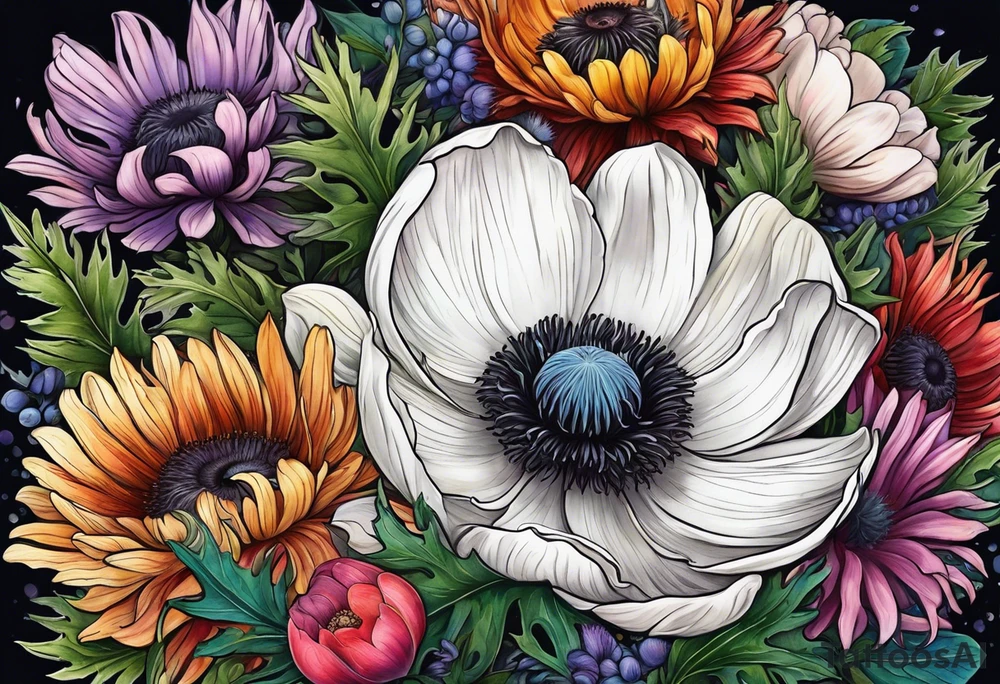 one white anemone with black center in the middle of mixed colorful wildflowers all with different shapes including thistles, ferns, ranuculus, and sun flowers tattoo idea
