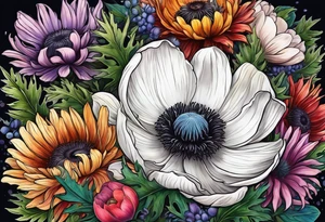one white anemone with black center in the middle of mixed colorful wildflowers all with different shapes including thistles, ferns, ranuculus, and sun flowers tattoo idea