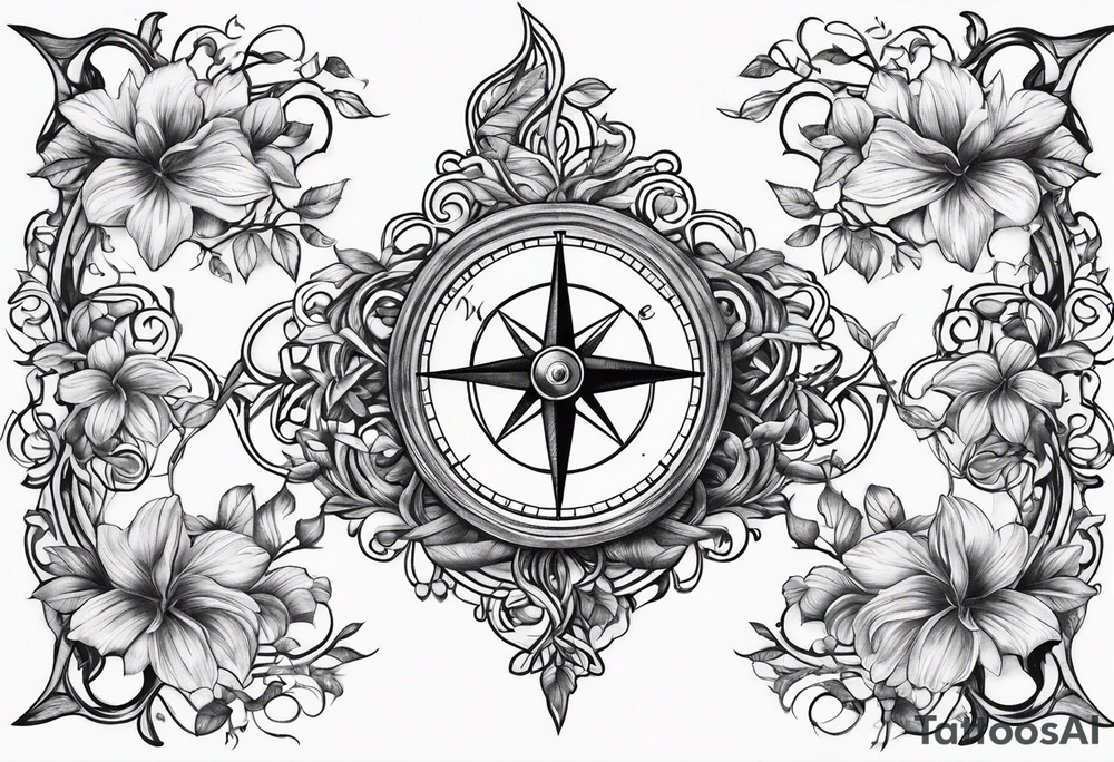Vine branch long with compass tattoo idea