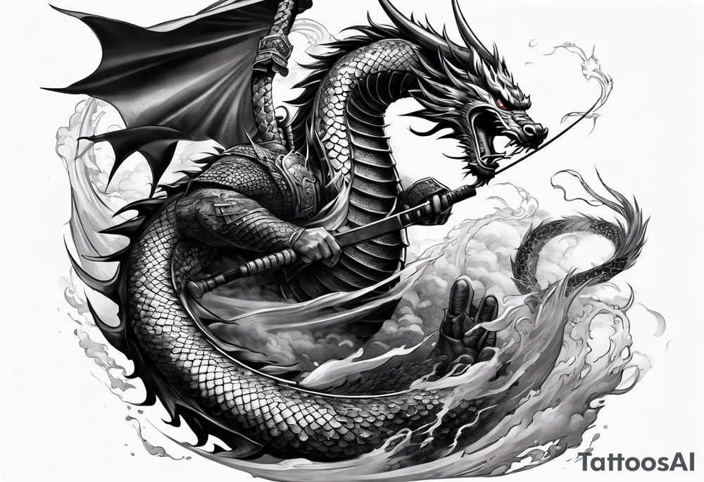 a japanese samurai fighting a dragon in battle tattoo idea