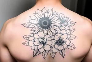 Sunflower, peony, cherry blossom, lotus, hydrangeas tattoo idea