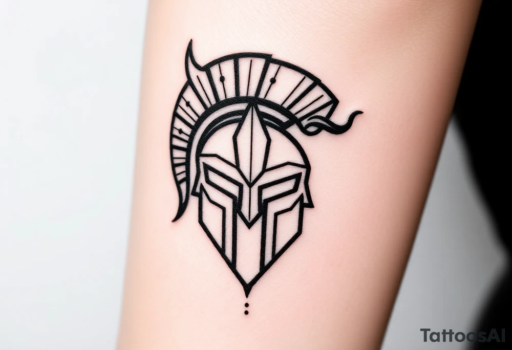 A modern, geometric Spartan helmet tattoo with sharp angular lines and symmetrical shapes, representing strength and resilience. Abstract flames or smoke rise from the helmet, symbolizing inner fire and passion. The design uses bold black linework and strategic negative space for crisp contrast and a contemporary look. Small cracks and dot details add depth and subtle imperfection, reflecting complexity and attention to detail. tattoo idea