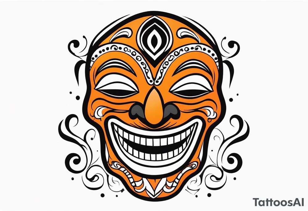 Laughing Mexican mask that is orange and black simplistic tattoo idea