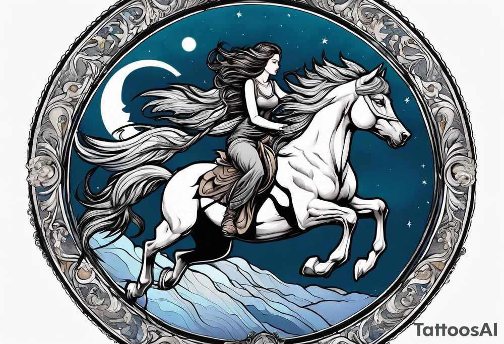 Edgy woman riding a Pegasus fighting a werewolf under a full moon tattoo idea