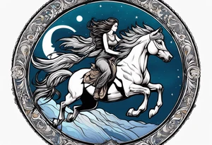 Edgy woman riding a Pegasus fighting a werewolf under a full moon tattoo idea