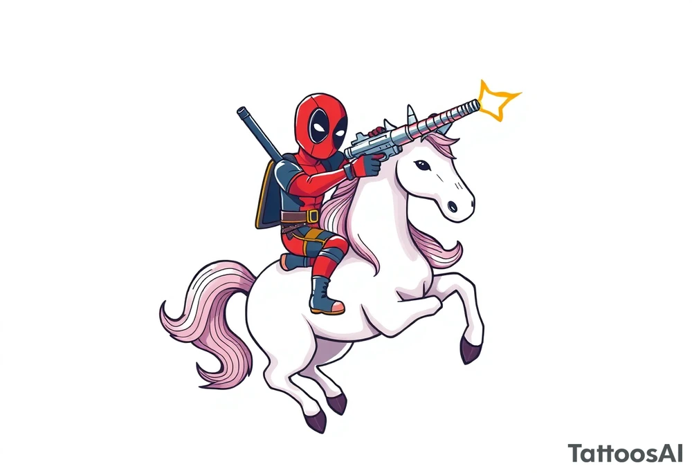 Deadpool riding a unicorn shooting Russian era rocket launcher tattoo idea