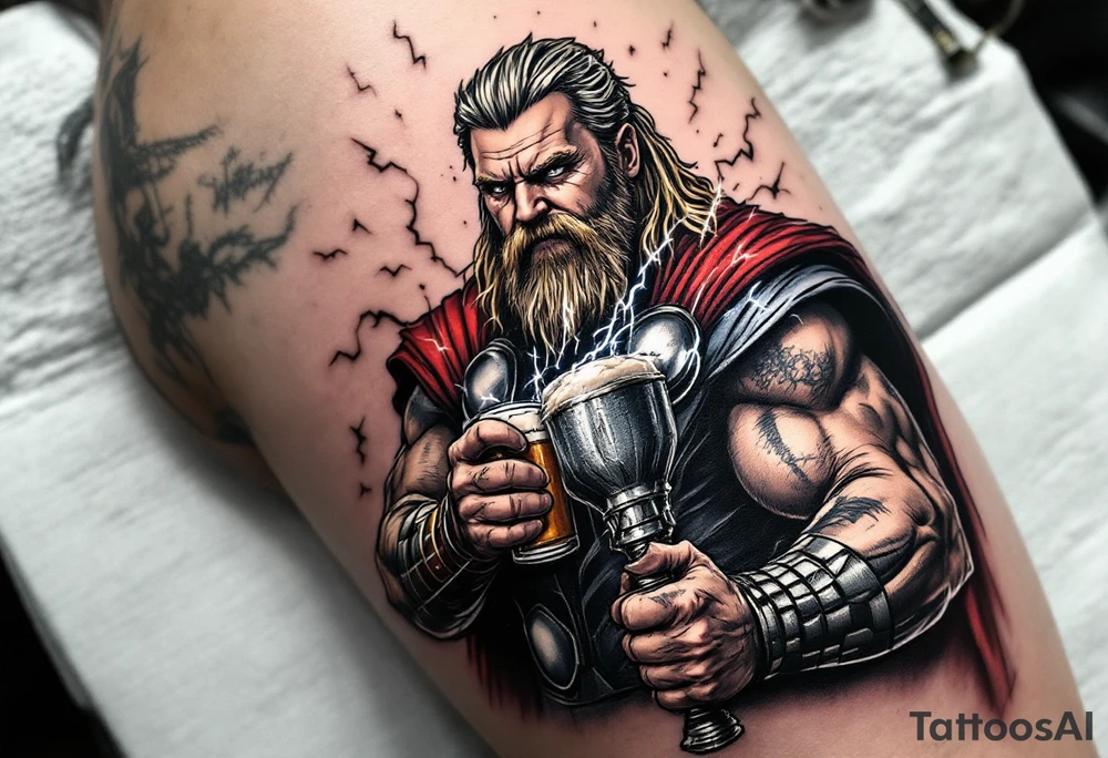 Fat Thor from Endgame holding a beer and Stormbreaker, with sparks of lightning around him in a humorous yet detailed tattoo design. tattoo idea