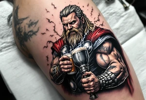 Fat Thor from Endgame holding a beer and Stormbreaker, with sparks of lightning around him in a humorous yet detailed tattoo design. tattoo idea