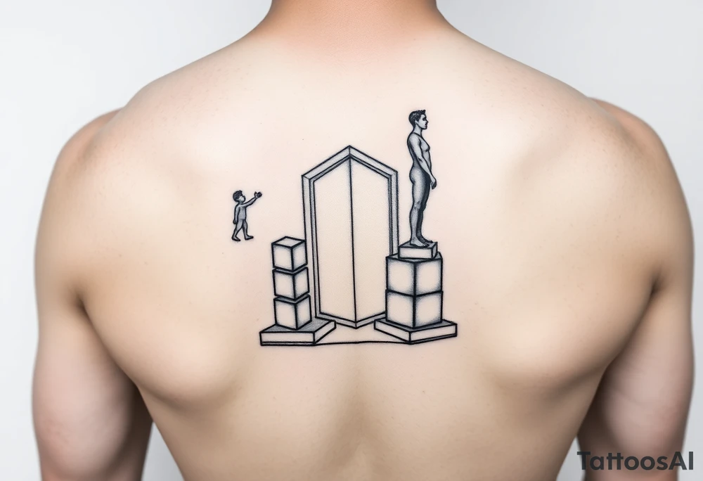 Two-sided standing mirror design, one side shows child figure building/stacking geometric blocks upward, other side shows adult figure standing on those same geometric foundations, connected by shared base, Art Deco frame, symbolizing building upon younger self not abandoning, black and grey geometric tattoo tattoo idea
