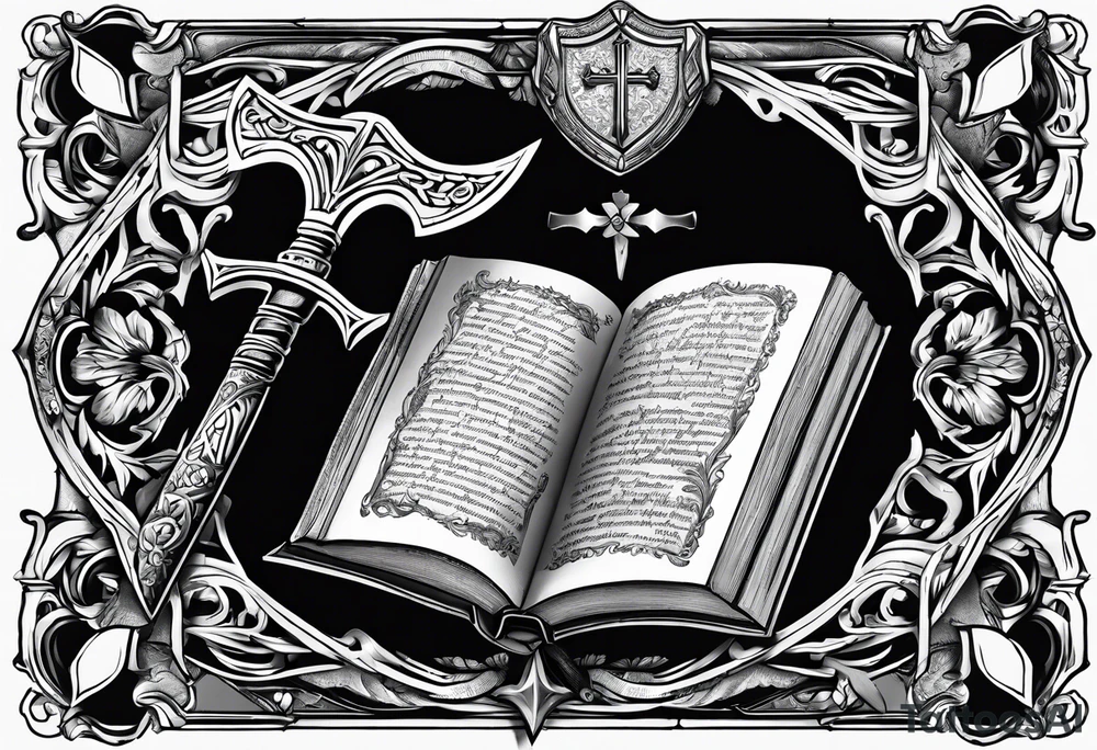 An opened bible with a battle Axe tattoo idea