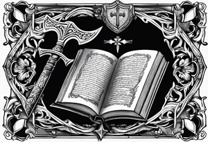 An opened bible with a battle Axe tattoo idea