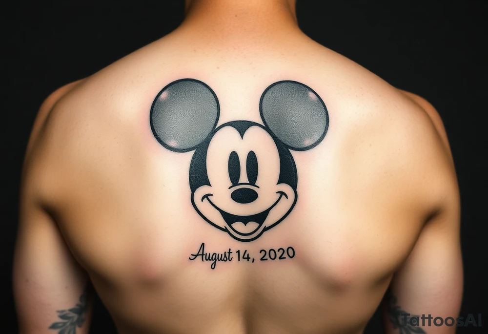 mickey mouse symbol with the name Galileo and the date August 14,2020, incorporated tattoo idea