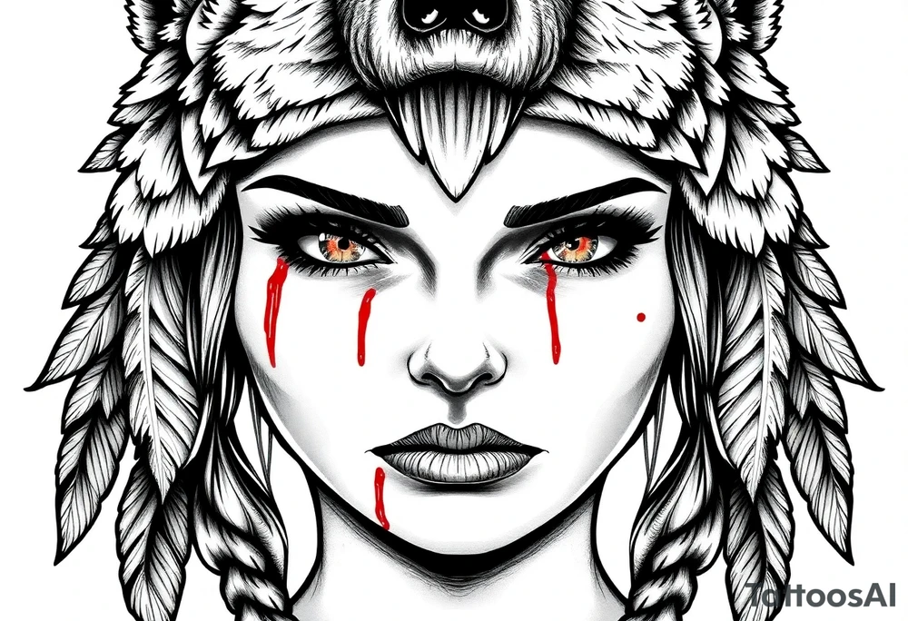 Symmetrical Beautiful Woman, looking forward, with colored eyes, shedding a tear, with battle scars and blood on face, with soft look, wearing a mean looking bear headdress on head tattoo idea