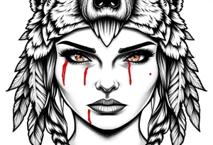 Symmetrical Beautiful Woman, looking forward, with colored eyes, shedding a tear, with battle scars and blood on face, with soft look, wearing a mean looking bear headdress on head tattoo idea