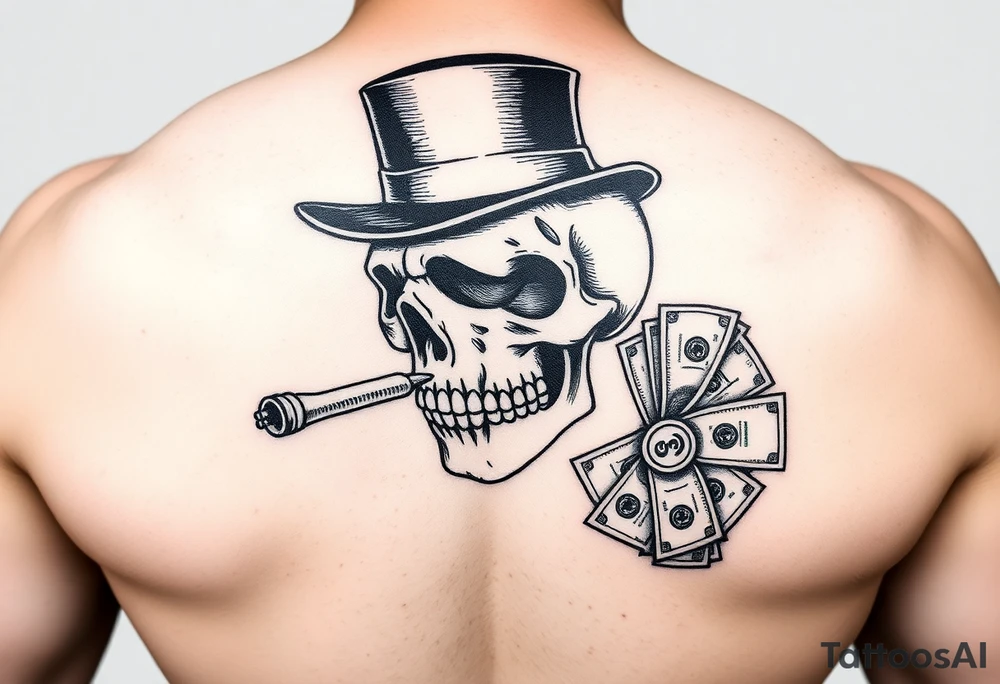 skull with mustache,a cigar in his mouth,a top-hat on his head and money in a hand. tattoo idea