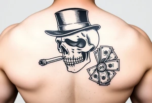 skull with mustache,a cigar in his mouth,a top-hat on his head and money in a hand. tattoo idea
