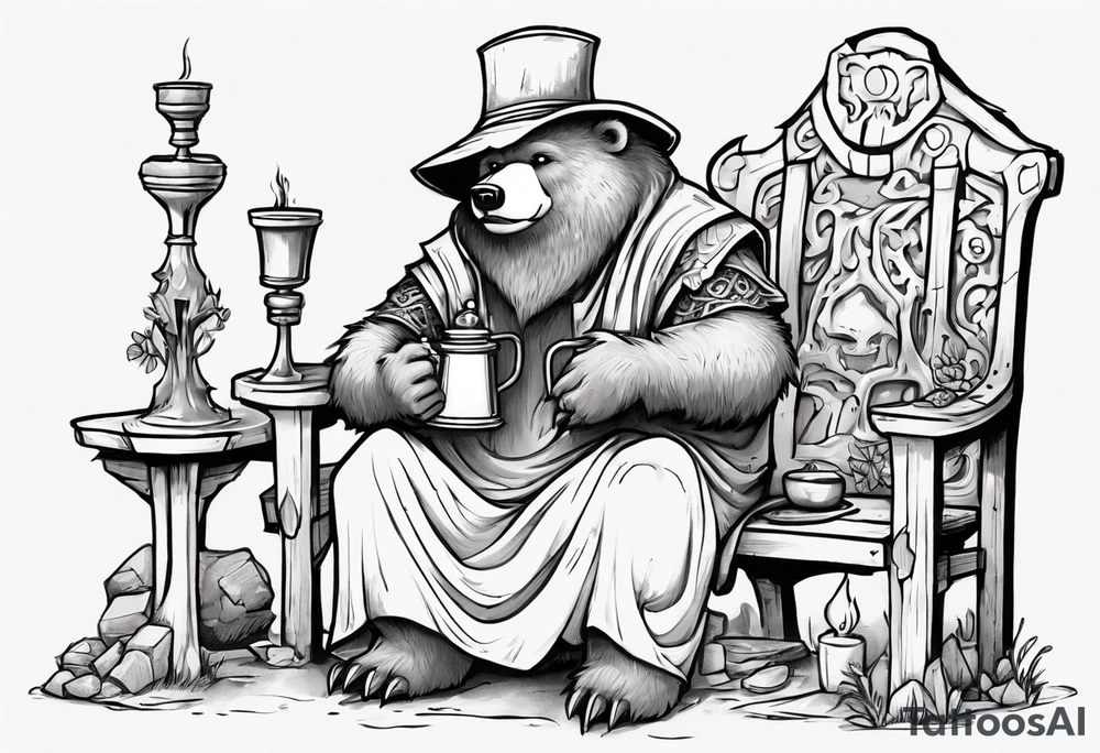 a medieval bear-human hybrid with a long grey beard wearing a tunic and a floppy hat sitting on a bench by a fireplace drinking from a wood cup, smiling tattoo idea
