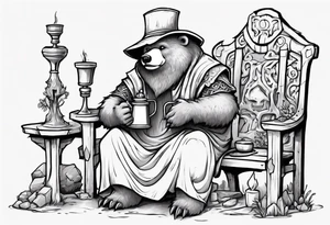 a medieval bear-human hybrid with a long grey beard wearing a tunic and a floppy hat sitting on a bench by a fireplace drinking from a wood cup, smiling tattoo idea