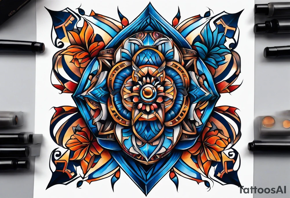 semi Detailed neo traditional knee tattoo flat on paper. The tattoo features geometric patterns and bold lines, creating a visually striking design with slight tints of deep fall colors. outside the tattoo features deep blues washes and water swirls tattoo idea