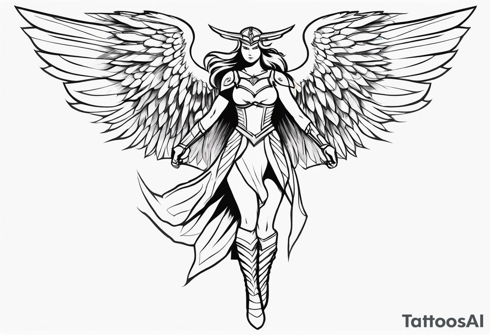 The full body of a Valkyrie with wings flying tattoo idea