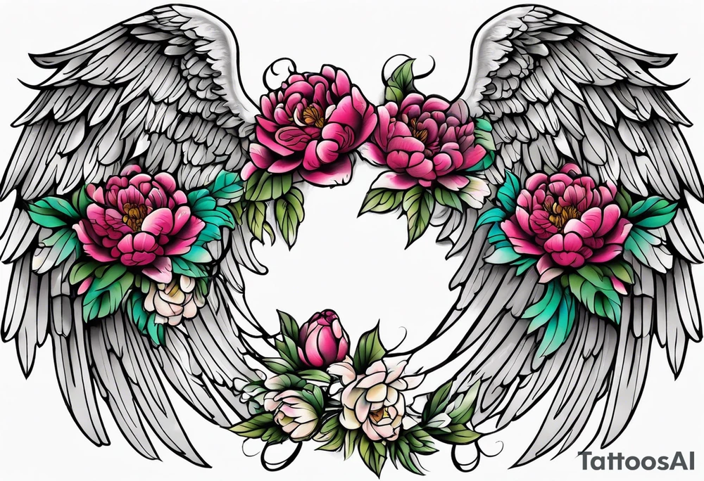 beautiful angel wings with colorful, peonies. beautiful flilligree in the background , full color, traditional old school tattoo idea