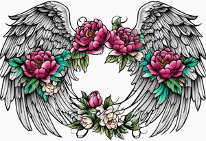 beautiful angel wings with colorful, peonies. beautiful flilligree in the background , full color, traditional old school tattoo idea