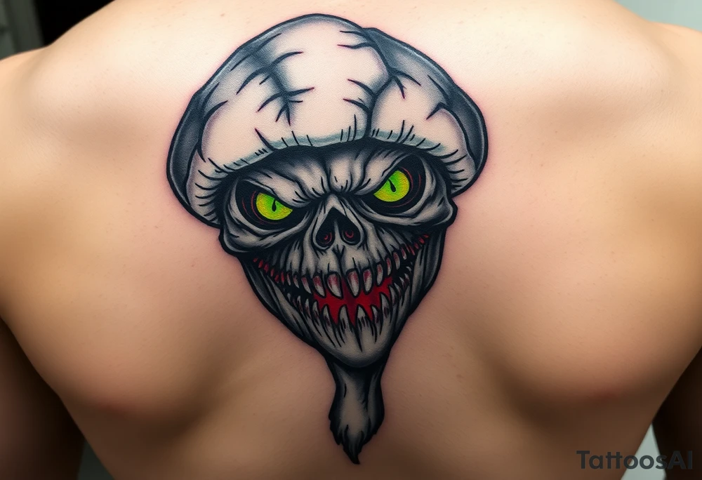 *"A realistic yet caricature-style human-faced mushroom, sinister demonic expression, glowing hollow eyes, jagged teeth, and wrinkled skin texture. Dark fantasy theme, black and blood-red ink with subtle green shadows (like bioluminescent decay).
Small tattoo design (5-7 cm), intricate shading (cross-hatching and stippling), inspired by Victorian grotesque illustrations and Tim Burton's style. Do not make it cute; focus on horror and uncanny vibes."* tattoo idea