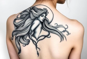 A hyper-realistic depiction of a divine figure like Aphrodite or a moon goddess. smaller and sick tattoo idea