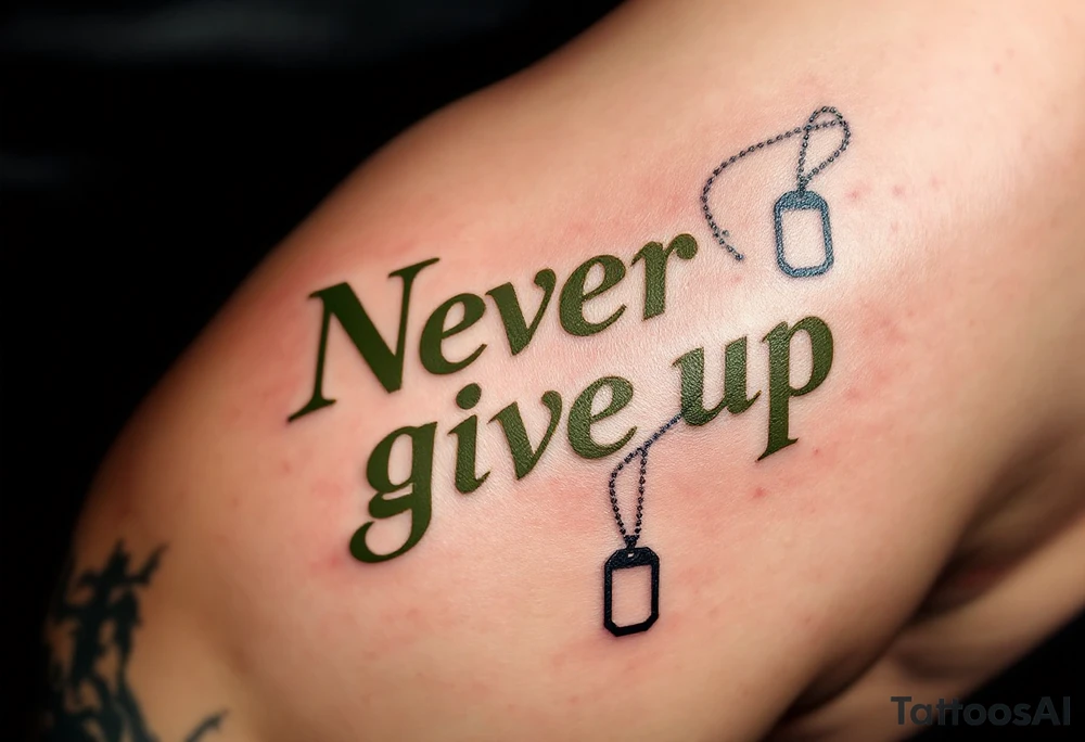 "Never give up" in military stencil font, in olive green with dog tags hanging from one letter. tattoo idea