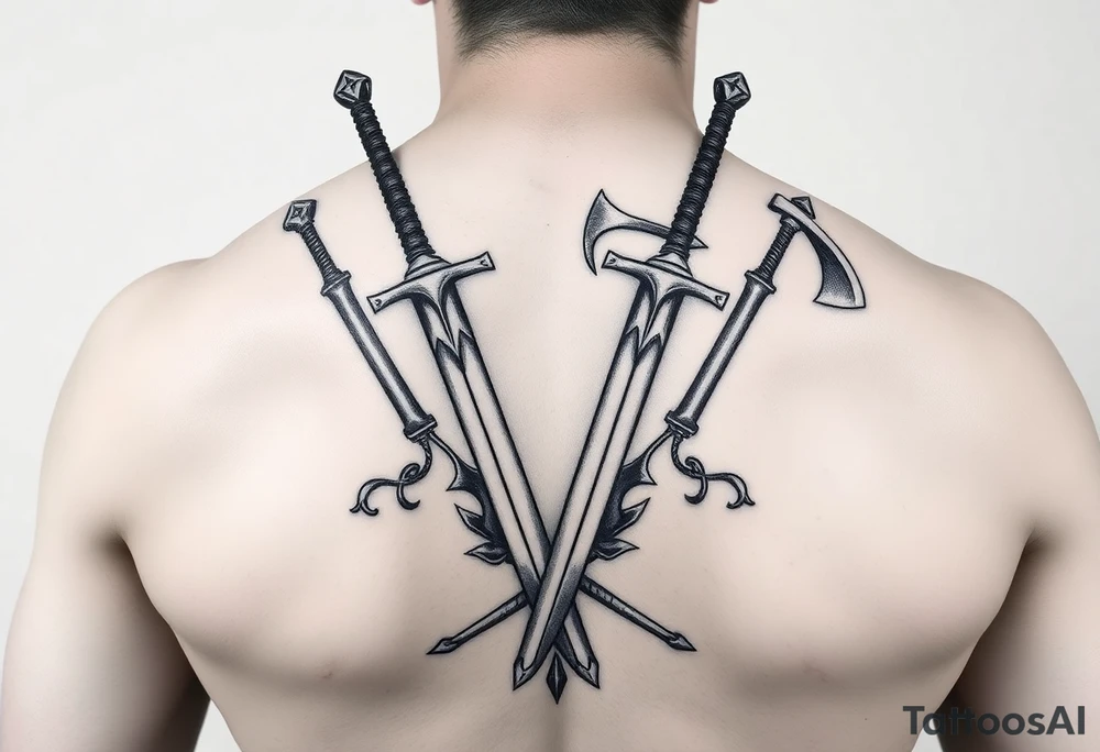 Armoury with sheild sword spears and axe tattoo idea