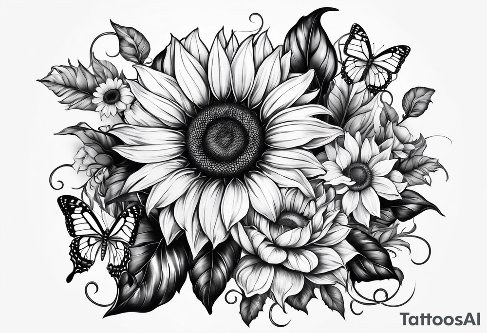 Sunflower and butterfly leg sleeve tattoo idea