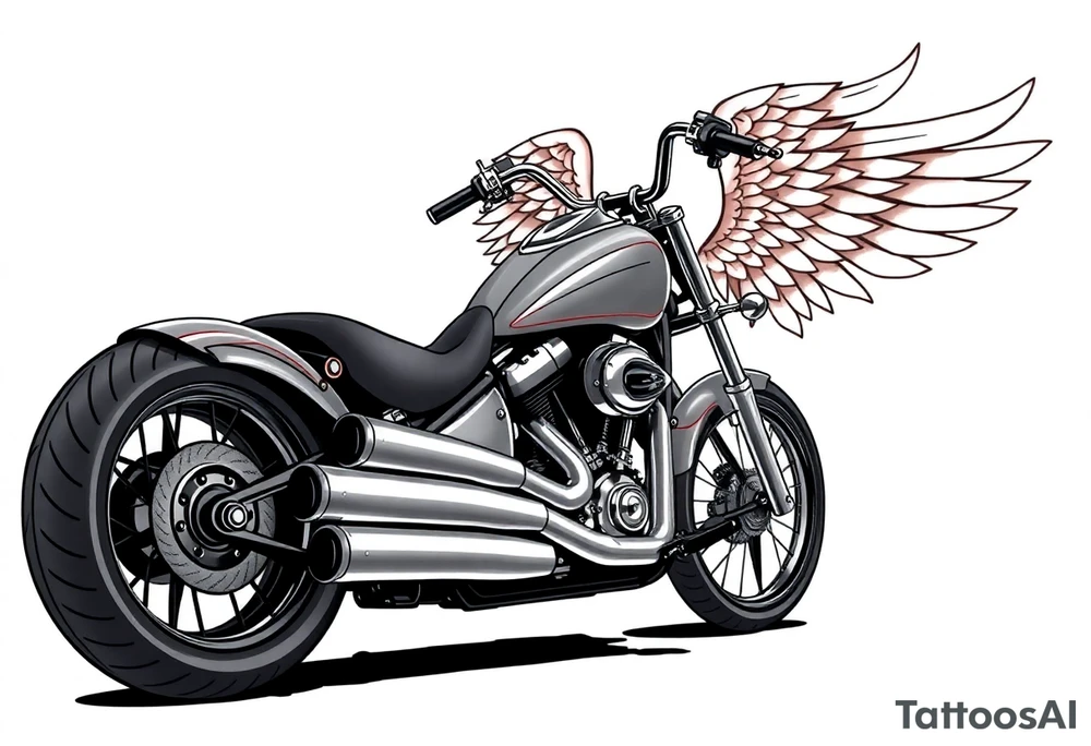 Low rider grey motorcycle, big muffler pipes with flames, angel wings, driving away, no person tattoo idea