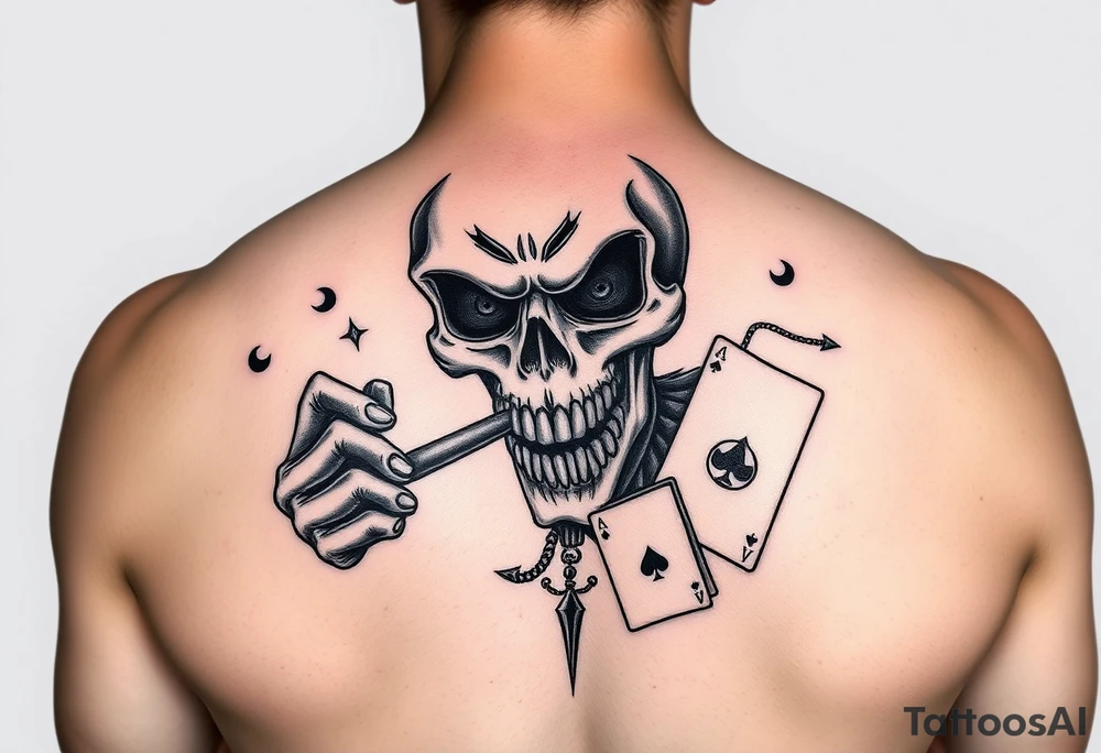 Gangster scene clown skull mid evil smoking cigar playing cards tattoo idea