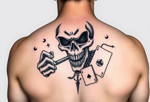 Gangster scene clown skull mid evil smoking cigar playing cards tattoo idea