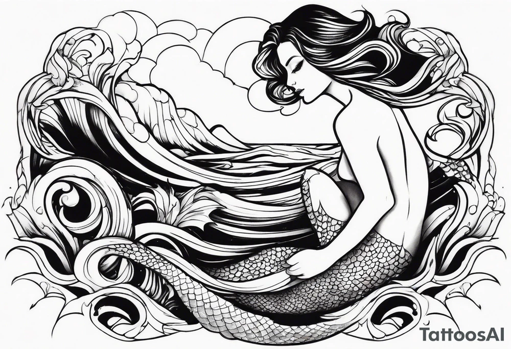 mermaid, waves, dark work tattoo idea