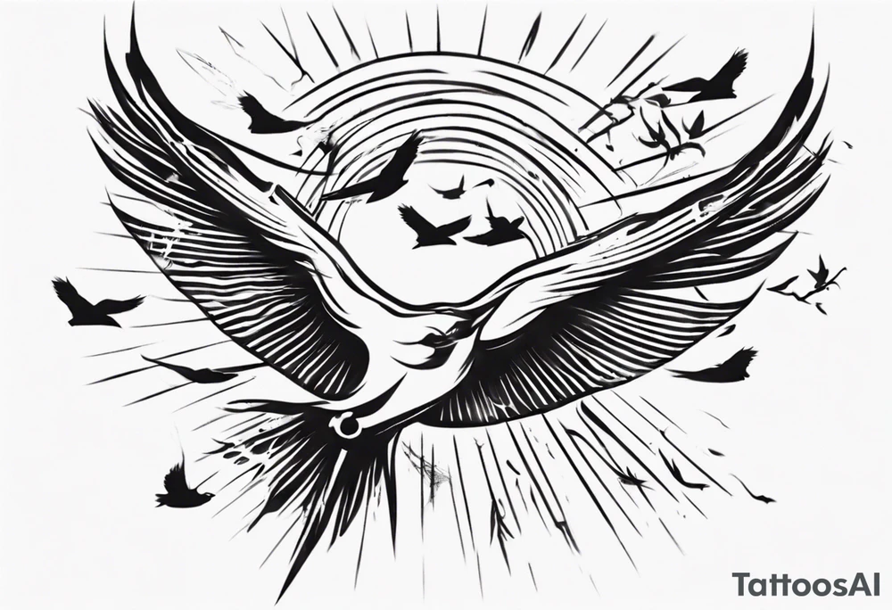 a shoulder tattoo with rays of light, clouds and birds flying free tattoo idea
