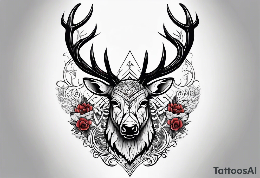 back tattoo of a front view reindeer with half the face as a skull tattoo idea