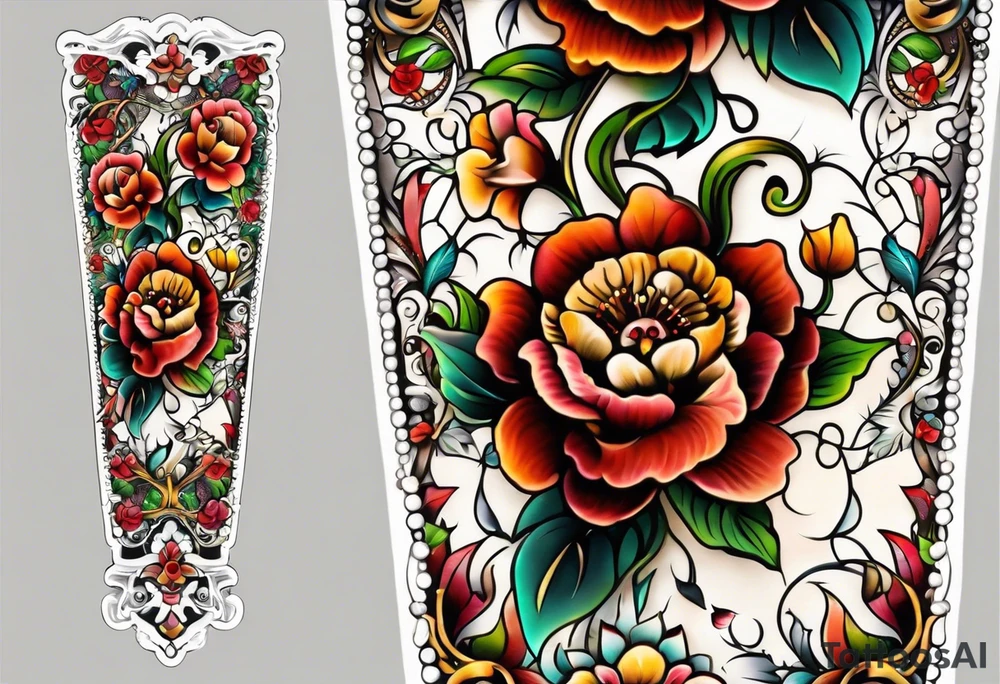 Floral leg piece with beading and lace tattoo idea. colorful, old school flowers, highly detailed, florals. white background. beautiful hourglass at the center, intricate highly detailed, tattoo idea