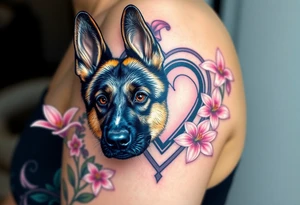 realistic german shepherd with alert ears looking protective surrounded by pink lilies with leaves in front of a sacred heart tattoo idea
